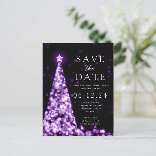 Postal De Anuncios Fiesta de Navidad Guarde La Fecha Árbol Glamour Pú (Anverso de pie)
