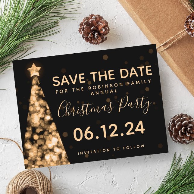 Postal De Anuncios Fiesta de Navidad Moderna en Oro y Negro - Guardar (Modern Gold & Black Christmas Party Save The Date Announcement Postcard)