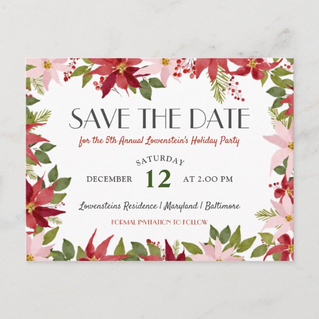 Postal De Anuncios Fiesta de Navidad Poinsettia Save The Date (Anverso)