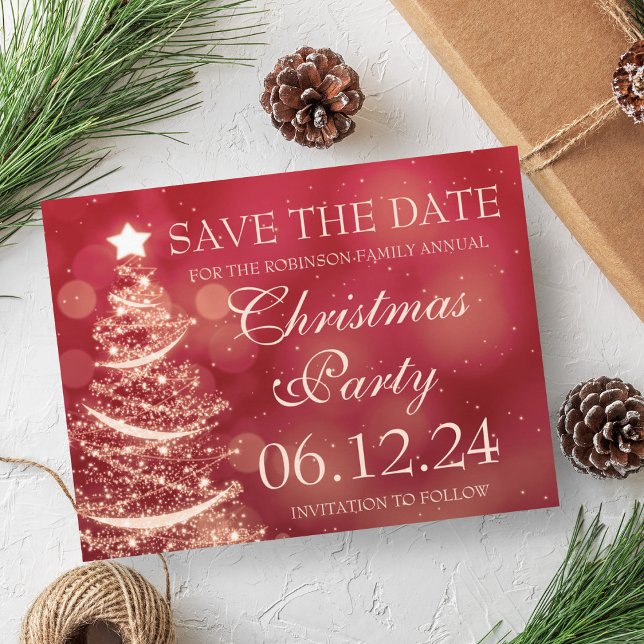 Postal De Anuncios Fiesta de Navidad Roja Elegante Guardar la Fecha (Elegant Red Christmas Party Save The Date Announcement Postcard)