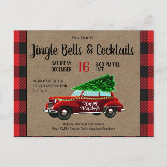 Postal De Anuncios Fiesta de Navidades Red Buffalo Plaid de Farmhouse (Anverso)