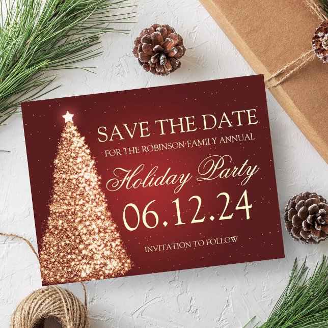 Postal De Anuncios Fiesta de vacaciones elegante guardar la fecha oro (Elegant Holiday Party Save The Date Gold Red Announcement Postcard)