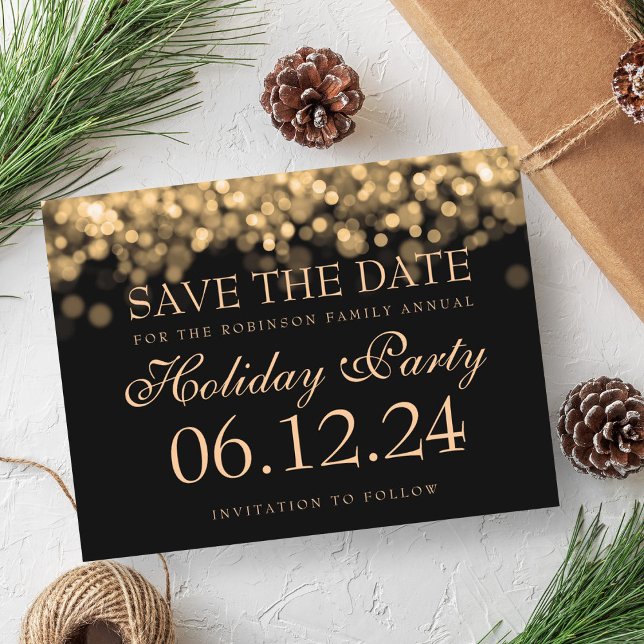 Postal De Anuncios Fiesta elegante de vacaciones, ahorrar la fecha, l (Elegant Holiday Party Save The Date Gold Lights Announcement Postcard)