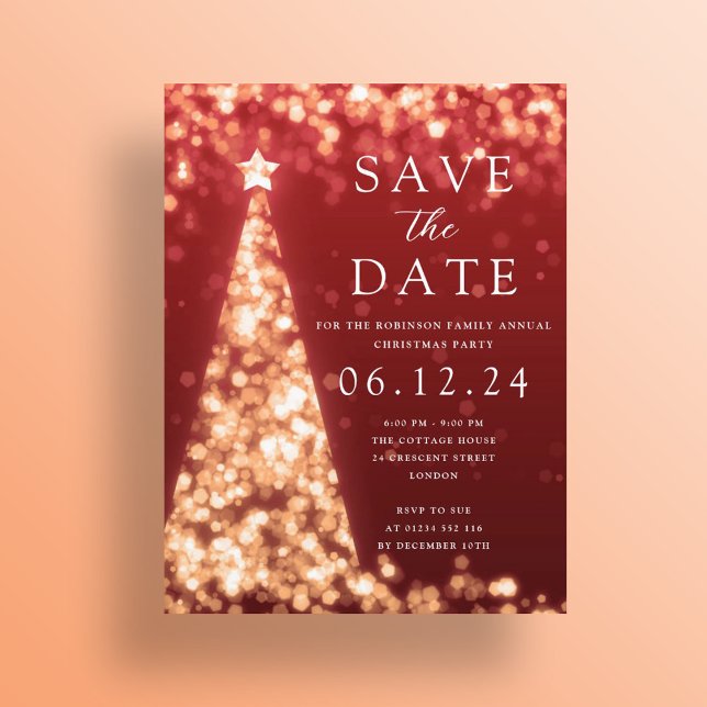 Postal De Anuncios Fiesta navidades Guardar La Fecha Árbol De Oro Gla (Christmas Party Save The Date Gold Tree Glam Red Announcement Postcard)