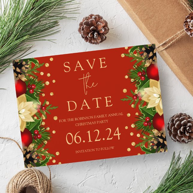 Postal De Anuncios Fiesta navidades Salven La Fecha Dorada Floral Roj (Christmas Party Save The Date Gold Floral Red Announcement Postcard)