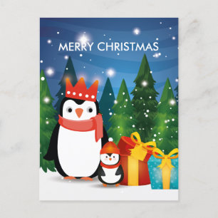 Postal De Anuncios Fiesta Navideña Invernal Familiar de Pingüinos