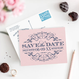 Postal De Anuncios Fije la fecha de Pink Navy Scrollwork
