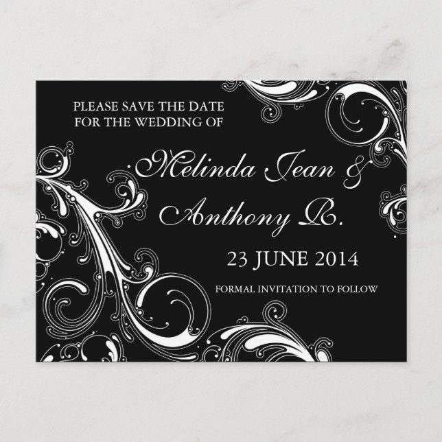 Postal De Anuncios Filigree Swirl Black w/White Save the Date (Anverso)