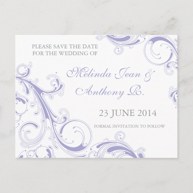 Postal De Anuncios Filigree Swirl Lavender Save the Date (Anverso)