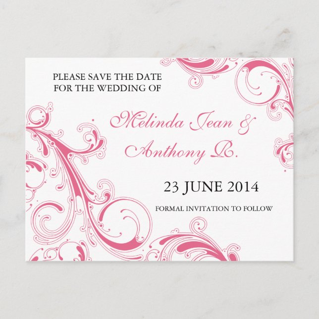 Postal De Anuncios Filigree Swirl Pink Save the Date (Anverso)
