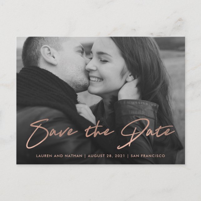 Postal De Anuncios Firma | Faux Rosa Dorado Foto Save the Date (Anverso)