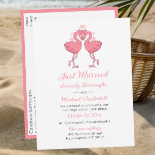Postal De Anuncios Flamenco Rosa Tropical Playa Hawaiana Recién Casad