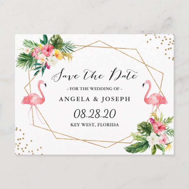 Postal De Anuncios Flamencos Tropicales Florales Boda Save the Date (Anverso)
