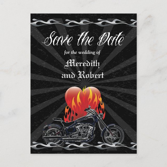 Postal De Anuncios Flaming Love Biker Save the Date (Anverso)