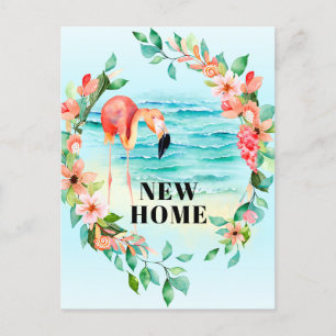 Postal De Anuncios Flamingo Tropical Wreath Beach Scene New Home