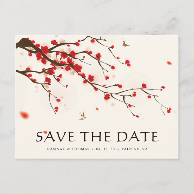 Postal De Anuncios Flor de Cerezo Acuarela Boda Guardar la Fecha (Anverso)