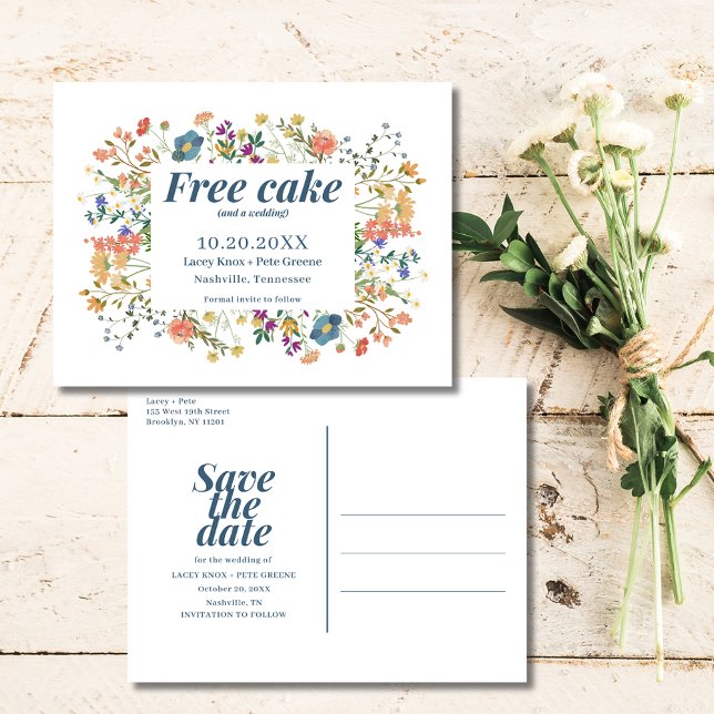 Postal De Anuncios Flor silvestre divertido pastel gratis Boda guarda (Wildflower Funny Free Cake Wedding Save the Date )