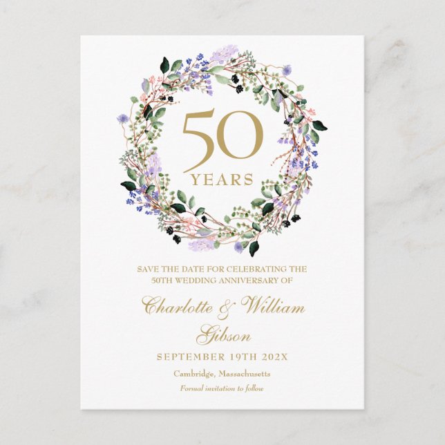 Postal De Anuncios Floral 50 aniversario Boda Salven la fecha (Anverso)
