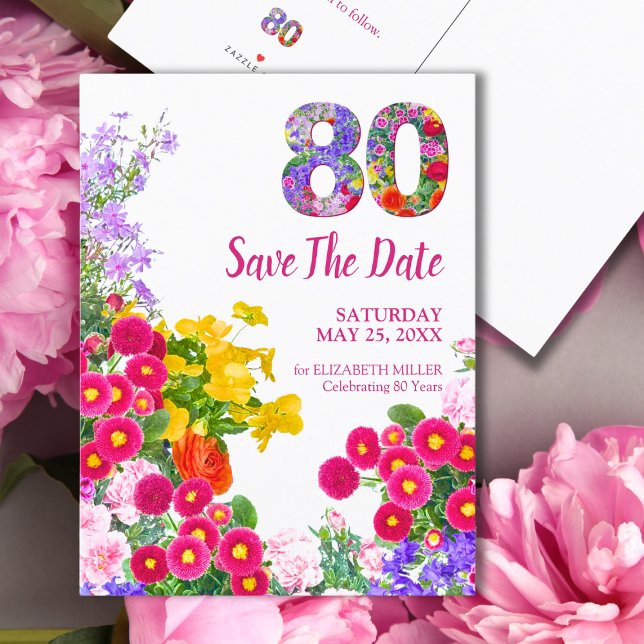 Postal De Anuncios Floral 80th Birthday Save The Date - Diseño modern (Subido por el creador)
