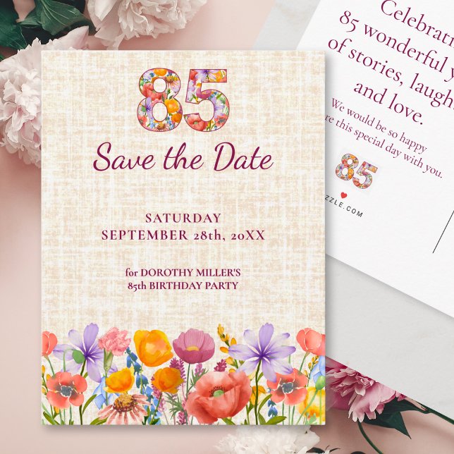 Postal De Anuncios Floral 85th Birthday - 85 Elegant Save the Date (Subido por el creador)