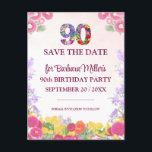 Postal De Anuncios Floral 90th Birthday Save The Date - Elegante 90<br><div class="desc">Floral 90th Birthday Save The Date - Elegante postal de 90 Invitaciones. Celebra un increíble hito con esta hermosa y floral tarjeta Save the Date para una fiesta de cumpleaños número 90! Con vibrantes diseños florales, un audaz "90" y un mensaje de personalizable, esta tarjeta es perfecta para reunir a...</div>