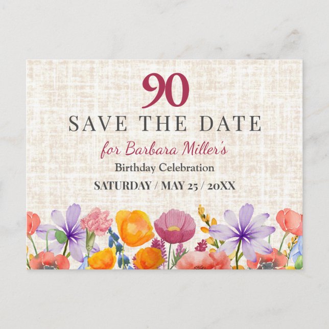 Postal De Anuncios Floral 90th Birthday Save the Date - Garden Party (Anverso)