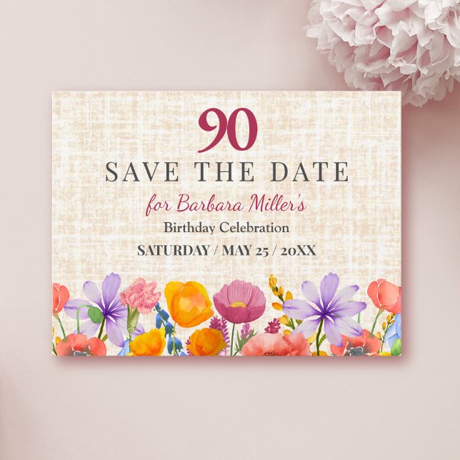 Postal De Anuncios Floral 90th Birthday Save the Date - Garden Party (Subido por el creador)