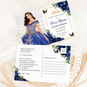 Postal De Anuncios Floral azul real Quinceañera Butterflies Foto