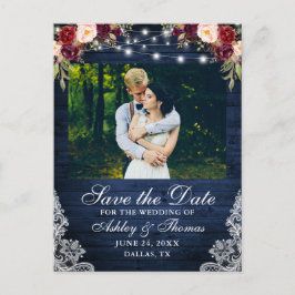 Postal De Anuncios Floral Azul Rustico de Madera Luces Encaje Foto