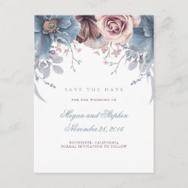 Postal De Anuncios Floral azul y malva para salvar la fecha