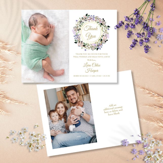 Postal De Anuncios Floral Baby 2 Photo Gold Gracias Nacimiento (Floral Baby 2 Photo Gold Thank You Birth Announcement Postcard)