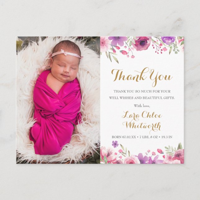 Postal De Anuncios Floral Baby Girl Photo Script Gracias Nacimiento (Anverso)