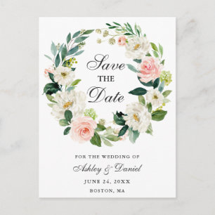 Postal De Anuncios Floral blanca rosada Wreath Save the Date