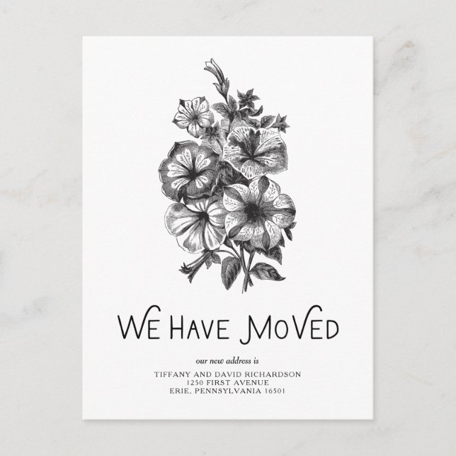 Postal De Anuncios Floral blanca y negra | Cambio de dirección (Anverso)