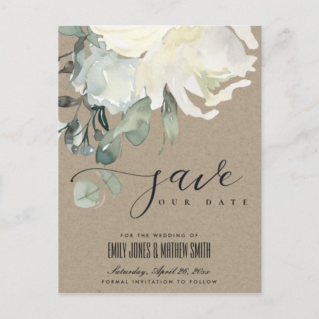 POSTAL DE ANUNCIOS FLORAL BLANCO MARFIL KRAFT SUAVE GUARDAR LA FECHA (Anverso)