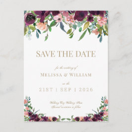 Postal De Anuncios Floral Borgoña Acuarela Marfil Salva la Fecha