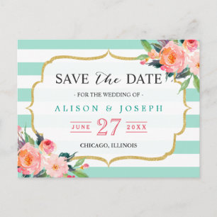 Postal De Anuncios Floral botánica Mint Green Stripes Save the Date