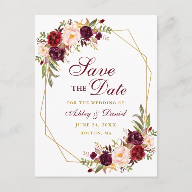 Postal De Anuncios Floral Burgundy Gold Frame Save the Date (Anverso)