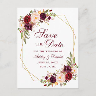 Postal De Anuncios Floral Burgundy Gold Frame Save the Date