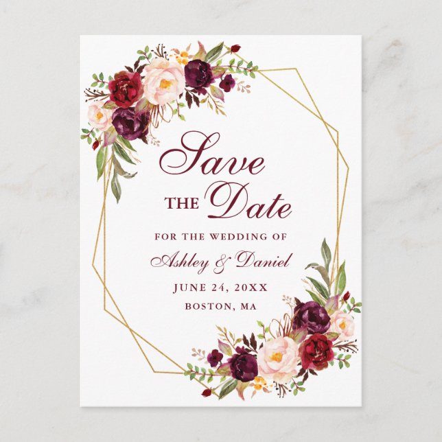 Postal De Anuncios Floral Burgundy Gold Frame Save the Date (Anverso)