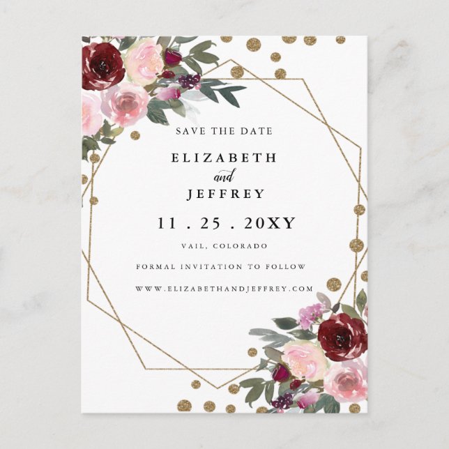 Postal De Anuncios Floral Burgundy Gold Geometric Save The Date (Anverso)