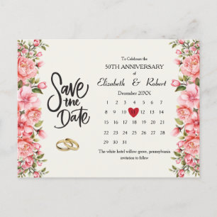 Postal De Anuncios Floral de 50 años Calendario de fechas