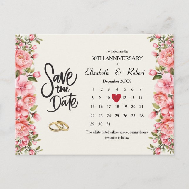 Postal De Anuncios Floral de 50 años Calendario de fechas (Anverso)