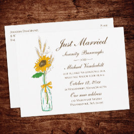 Postal De Anuncios Floral de girasol rústico recién casado Boda