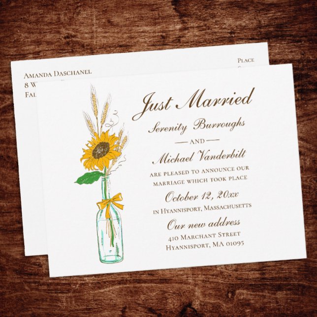 Postal De Anuncios Floral de girasol rústico recién casado Boda (Subido por el creador)