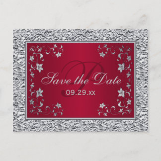 Postal De Anuncios Floral de RELIEVE METALIZADO rojo y plateado FAUX 