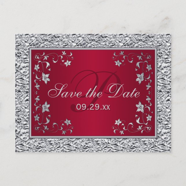 Postal De Anuncios Floral de RELIEVE METALIZADO rojo y plateado FAUX  (Anverso)