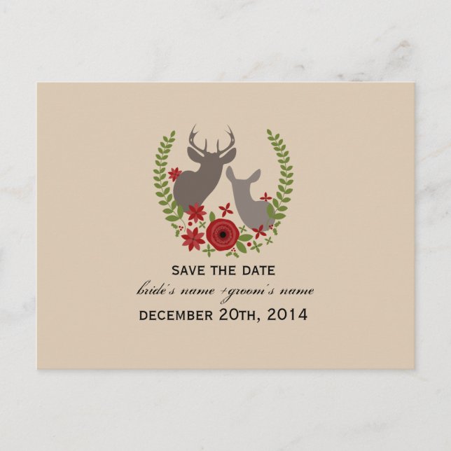 Postal De Anuncios Floral Deer, Boda de Navidades Rústicos, salva la  (Anverso)