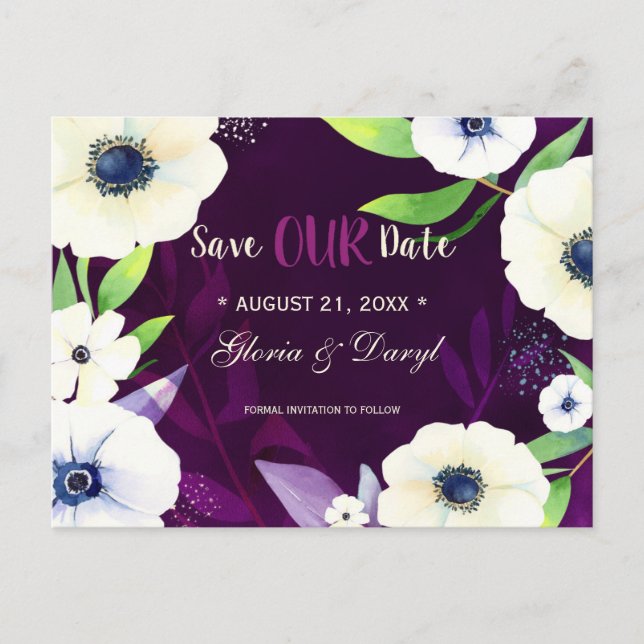 Postal De Anuncios Floral Glam Purple Wedding Save the Date (Anverso)