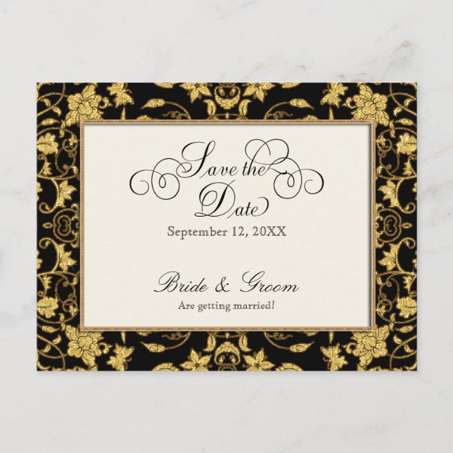 Postal De Anuncios Floral Gold Black Formal Wedding Save the Date (Anverso)